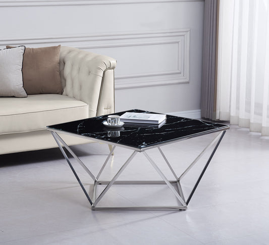 Table Basse Alina – Pieds Chrome & Plateau Marbre 100x100x45 cm