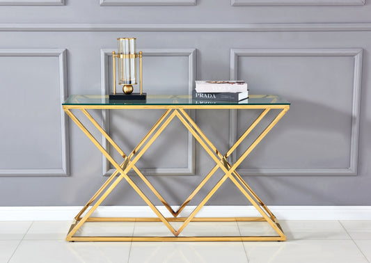 Console Triangle en Métal Doré avec Plateau Verre Transparent – 120x40 cm