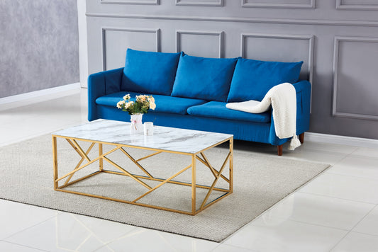 Table Basse Geomag – Métal Gold & Plateau Marbre Blanc 120x40x45 cm