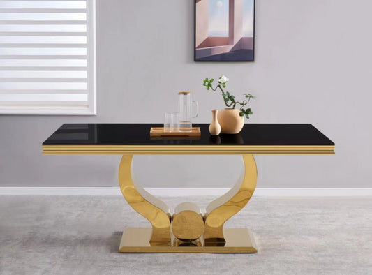Table à manger Trofy – Pieds gold et plateau en verre noir 150x90x75 cm