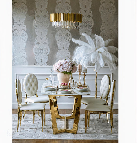 Table à manger Gossip – Pieds gold et plateau effet marbre blanc 180x90x75 cm