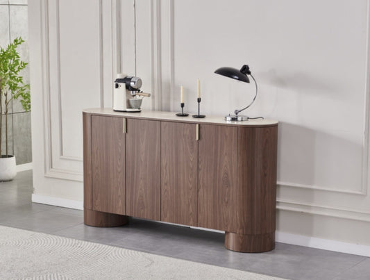 Buffet Iconic en céramique effet travertin et noyer – Design moderne et raffiné