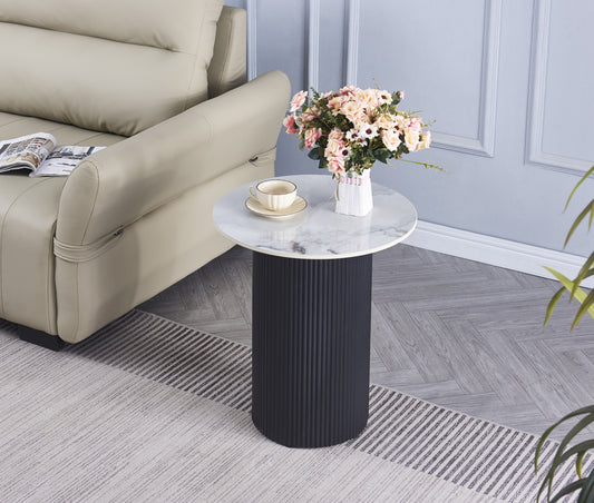 Guéridon Valmy – Pied Noir & Plateau Céramique Effet Marbre Gris 50 cm