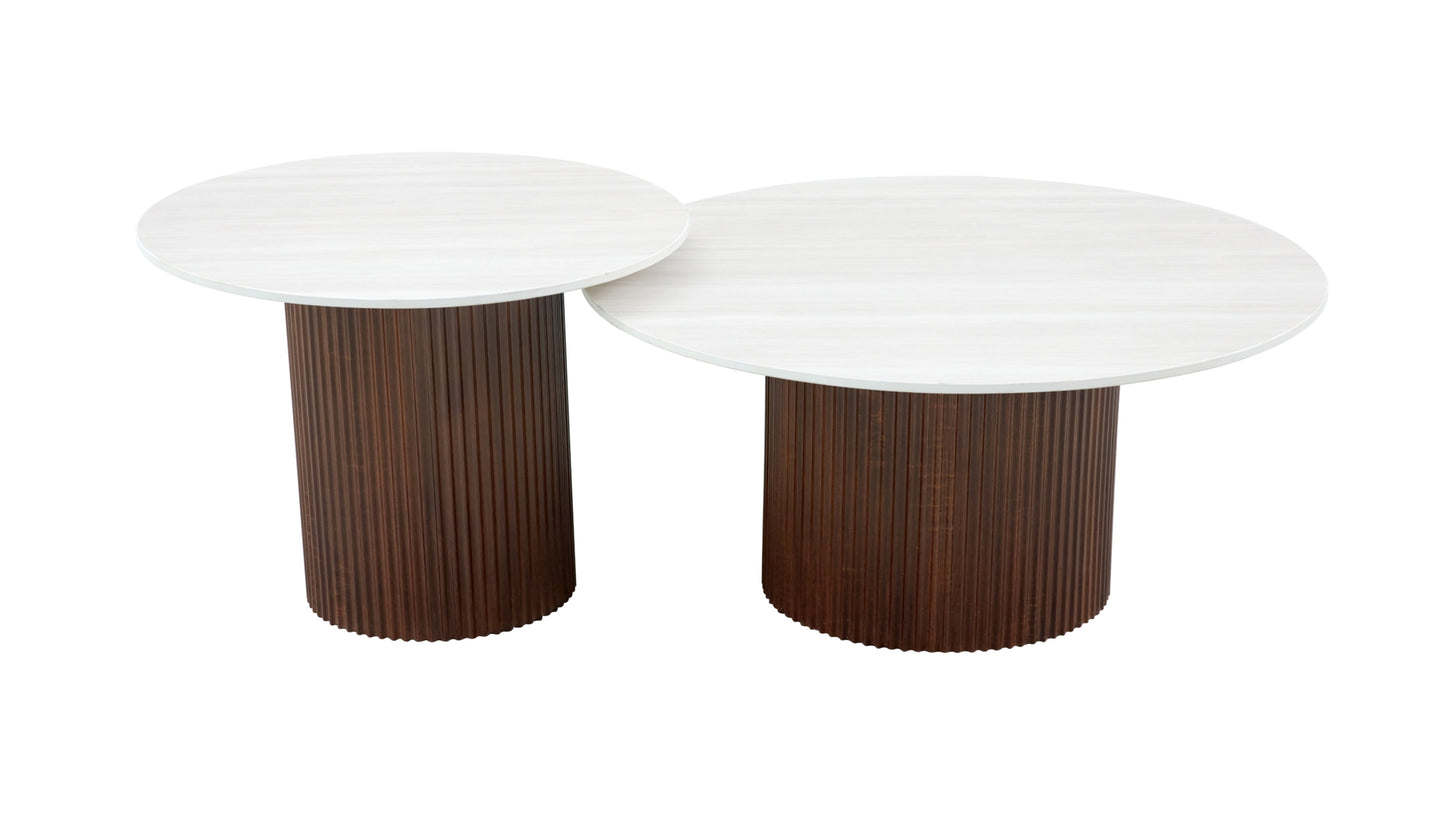 Tables Basses Gigognes Mina – Pied Bois Noyer & Plateau Céramique Effet Bois Blanc (60x45 cm + 80x38 cm)