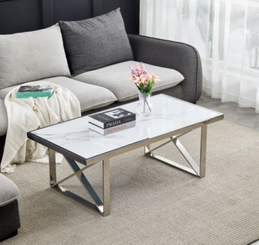 Table Basse Levanto – Métal Chrome & Plateau Marbre Blanc 120x60x45 cm