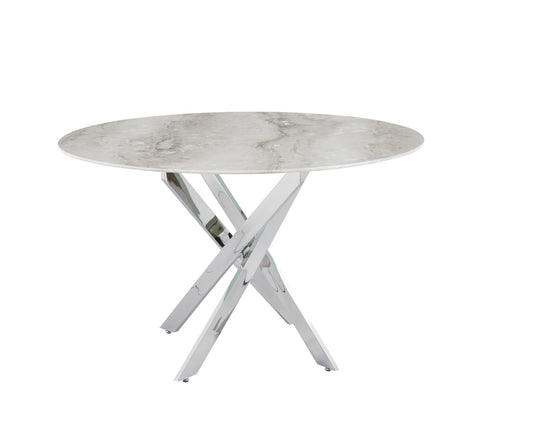 Table repas Jessica – Pieds chrome et plateau effet marbre grège 120x75 cm
