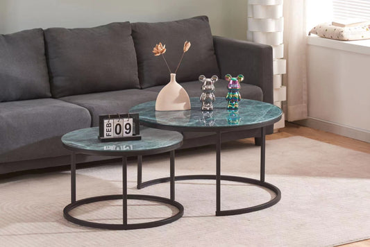 Table Basse Gigogne Romeo – Pieds Métal Noir & Plateaux Céramique Effet Marbre Gris-Vert 80x45 + 60x38 cm