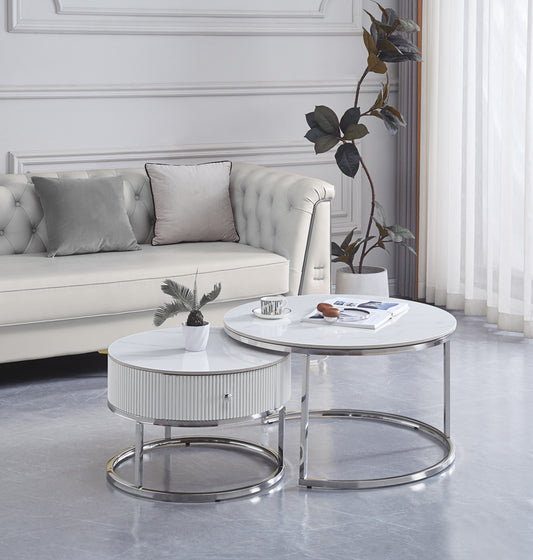 Table Basse Gigogne Samira – Tiroir Chrome & Plateau Céramique Effet Marbre Blanc 80+60 cm