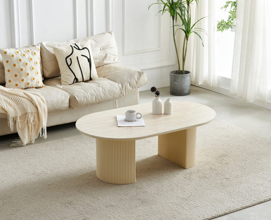 Table Basse Calypso – Plateau Céramique Effet Travertin Ovale