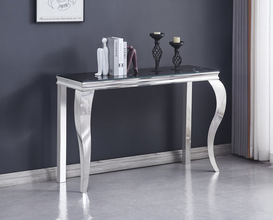 Console Baroque en Chrome avec Plateau Verre et Marbre – 120x40x78 cm