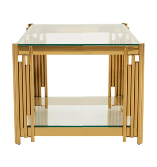 Guéridon Flûte Gold – Double Plateau Transparent 50x50x55 cm
