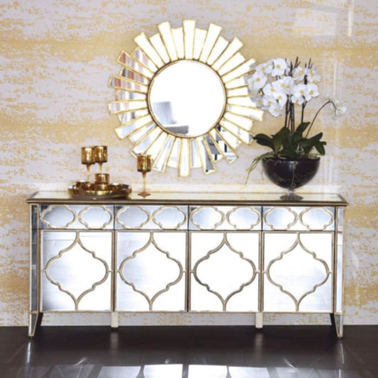 Buffet miroir vénitien 4 portes 200x40x87 cm – Élégance et rangement spacieux
