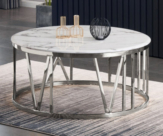Table Basse Atoms – Chrome & Marbre Blanc 100 cm