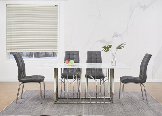 Table repas Portofino – Pieds chrome et plateau effet marbre blanc 180x90x75 cm