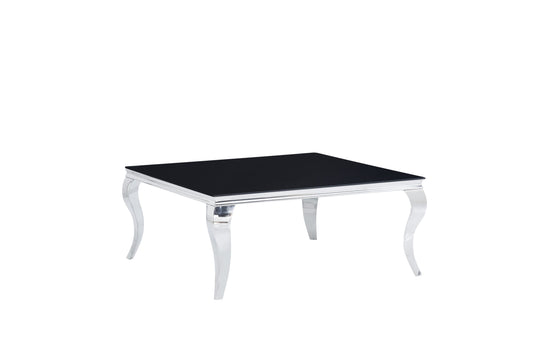 Table Basse Baroque Carrée – Pieds Chrome & Plateau Verre Noir 100x100x45 cm