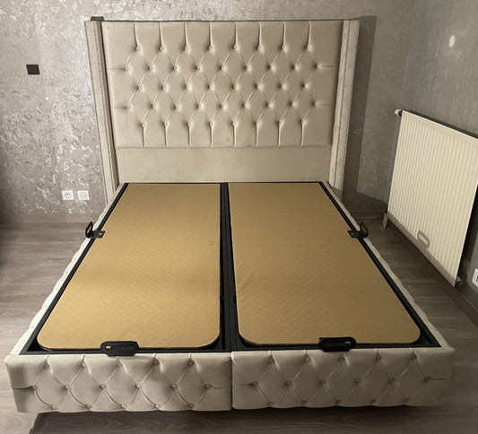 Lit Coffre Clouté – Velours Beige 180x200 cm