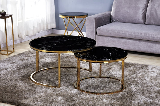 Tables Basses Gigognes Romro – Pieds Gold & Plateaux Marbre Noir 80x45 + 60x38 cm