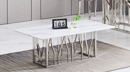 Table Basse Portofino – Métal Chrome & Plateau Marbre Blanc 120x70x45 cm
