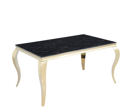 Table repas Baroque – Pieds gold et plateau effet marbre noir 180x90x75 cm
