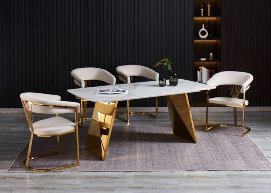 Table à manger Graffi – Pieds finition gold et plateau céramique effet marbre blanc 180x90x75 cm