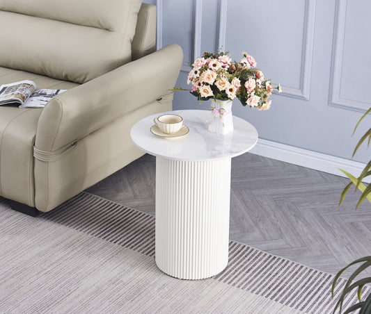 Guéridon Valmy – Pied Beige & Plateau Céramique Effet Marbre Blanc 50 x 50 cm