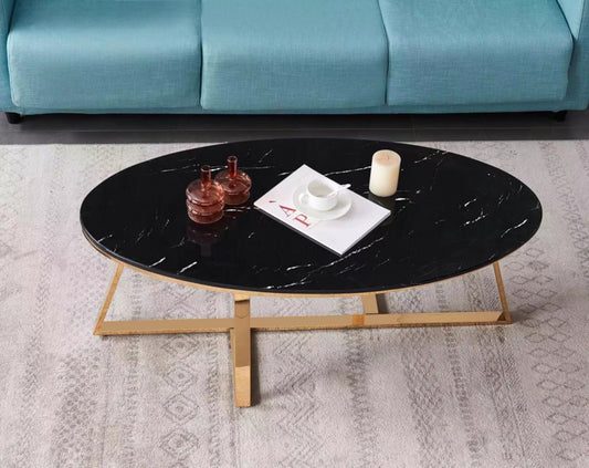 Table Basse Gamma – Finition Gold & Plateau en Pierre Marbre Noir 120x60x45 cm