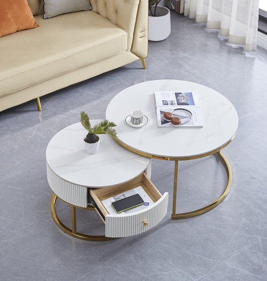 Table Basse Gigogne Samira – Tiroir Gold & Plateau Céramique Effet Marbre Blanc 80+60 cm