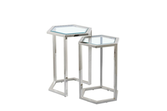 Guéridon Gigogne Hexagonal – Structure Chrome & Plateau Verre Transparent