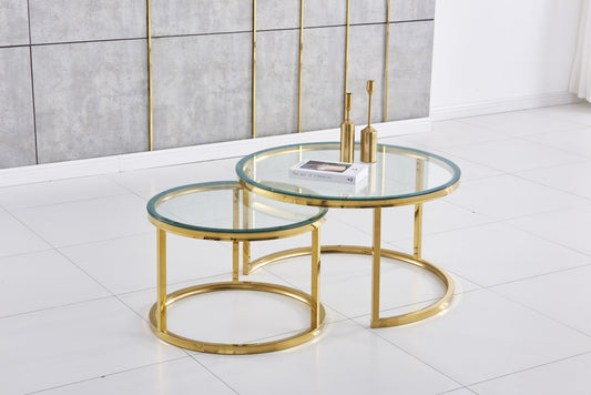 Tables Basses Gigognes – Pieds Gold & Plateaux Transparants 80x45 + 60x38 cm