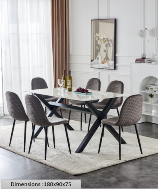 Table repas Ixe – Pieds métal et plateau effet marbre blanc 180x90x70 cm