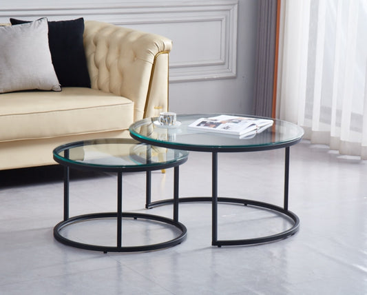 Table Basse Gigogne – Métal Noir & Plateau Verre Transparent