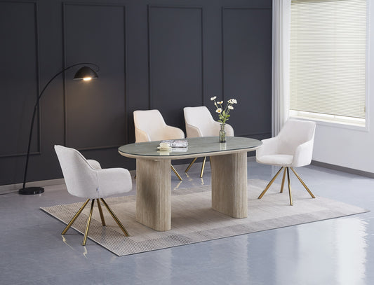 Table à manger Roxy – Pieds effet travertin et plateau transparent 160x90x75 cm