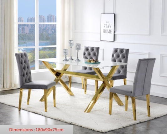 Table repas Ixe – Pieds métal gold et plateau effet marbre blanc 180x90x75 cm