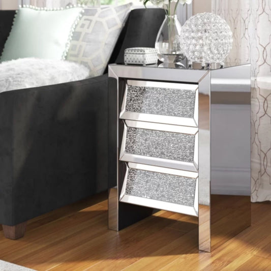 Table de chevet 3 tiroirs miroir et Diamond – élégance et rangement pratique