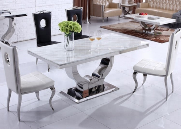 Table repas Trofy – Pieds et plateau effet marbre blanc 150x90x75 cm