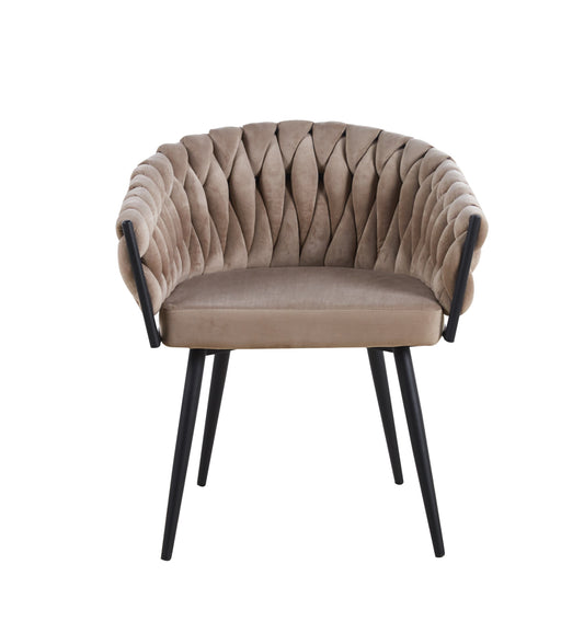 Chaise Tressée avec Accoudoirs en Velours Taupe et Pieds Métal Noir – Confort et Style