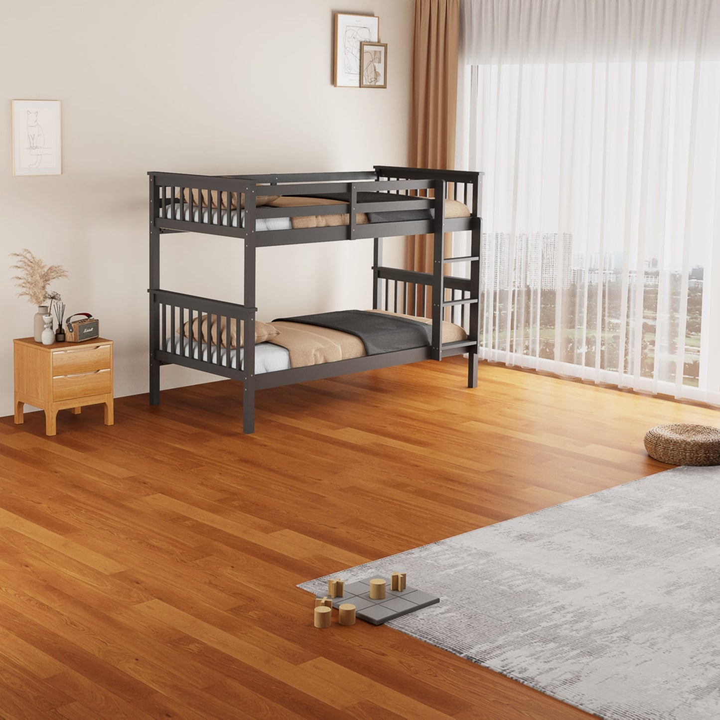 Lit superposé « Batna » en bois 1+1 – Gris – 90x190 cm