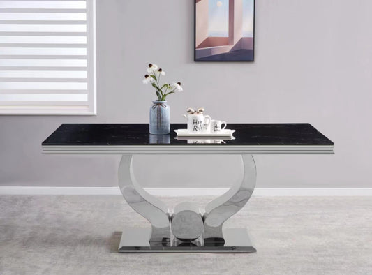 Table repas Trofy – Pieds chrome et plateau effet marbre noir 180x90x75 cm