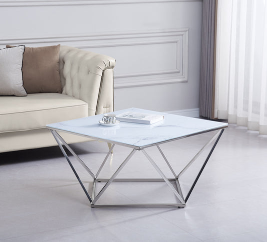 Table Basse Alina – Chrome & Verre Marbre Blanc 80x80x45 cm