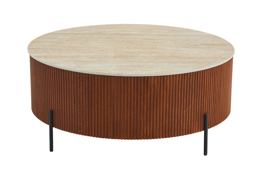 Table Basse Ruby – Pied Effet Noisette & Plateau Céramique Effet Travertin Mat