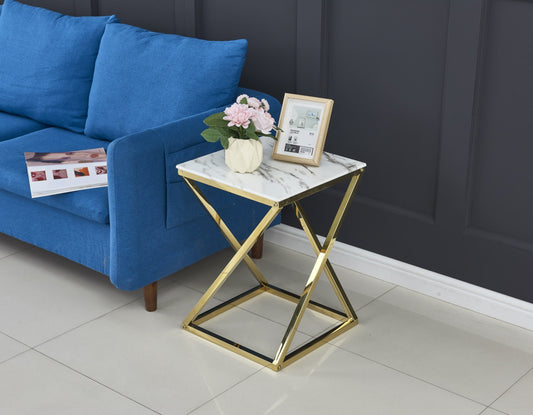 Guéridon Beverly Gold – Plateau Marbre Blanc 40x40x55 cm