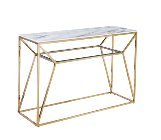 Console Cheryl en Métal Doré et Marbre Blanc – 120x40x78 cm