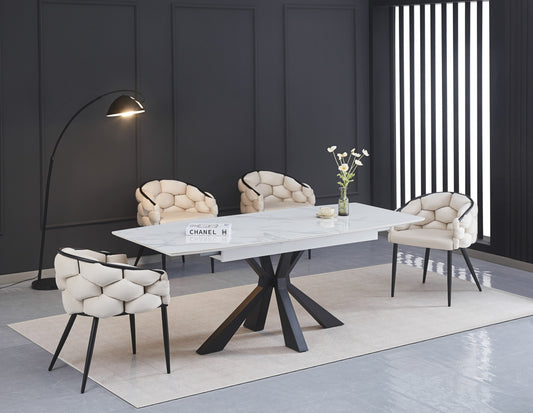 Table extensible Bianca – Pieds métal noir et plateau céramique effet marbre blanc 160/200x90x75 cm