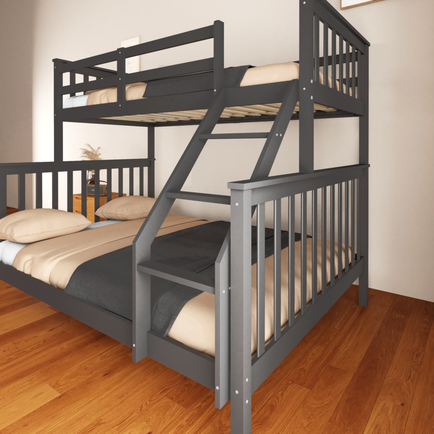 Lit superposé « Batna » en bois 2+1 – Gris – 90x190 cm + 140x190 cm