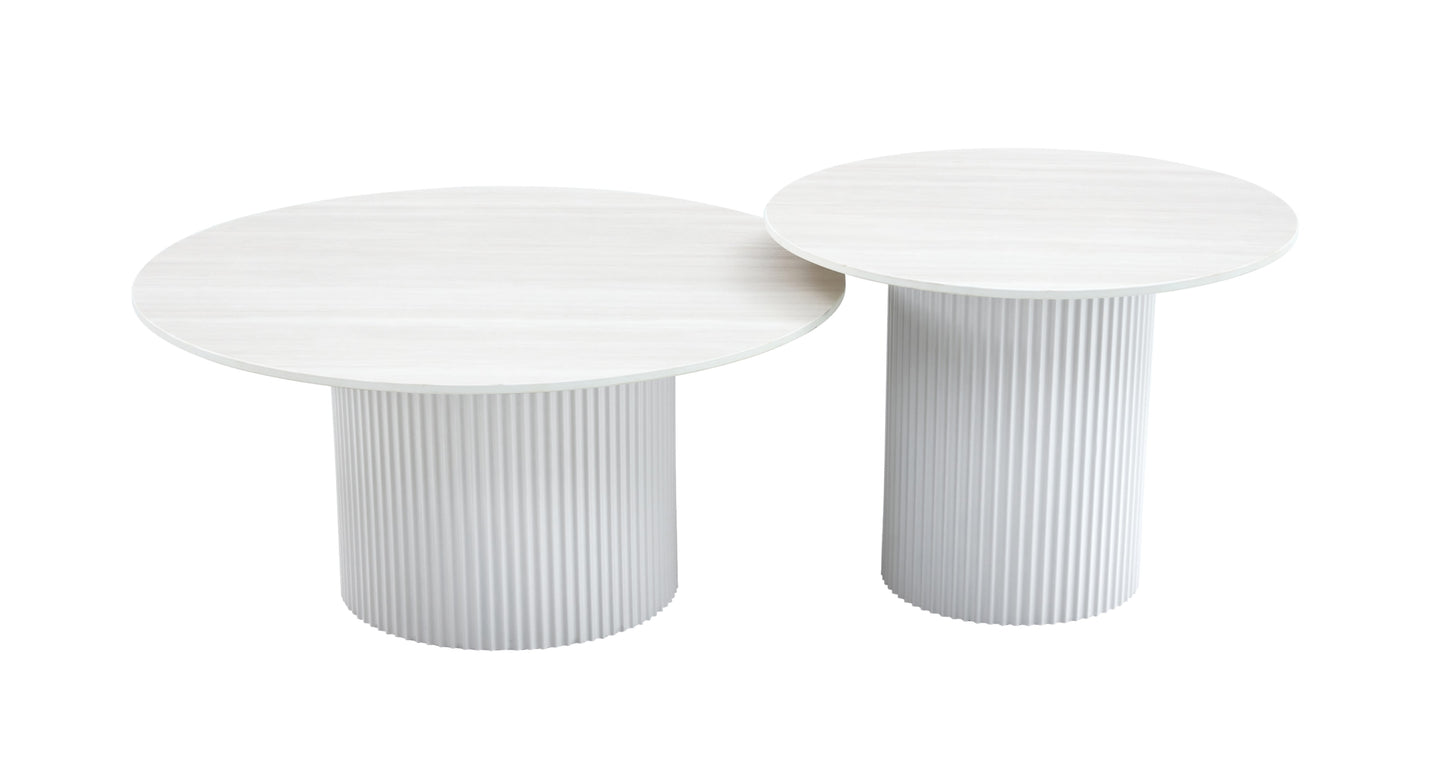 Tables Basses Gigognes Mina – Pieds Blancs & Plateaux en Céramique Effet Bois Blanc Mat (60x45 cm + 80x38 cm)