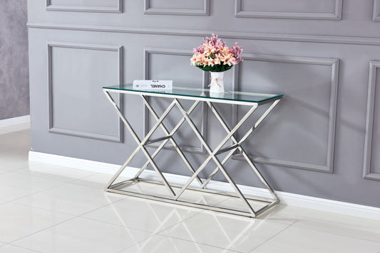 Console Triangle en Chrome avec Plateau Verre Transparent – 120x40 cm