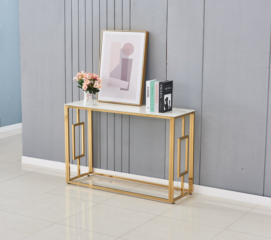 Console Sophie en Métal Doré et Marbre Blanc 120x40x78 cm