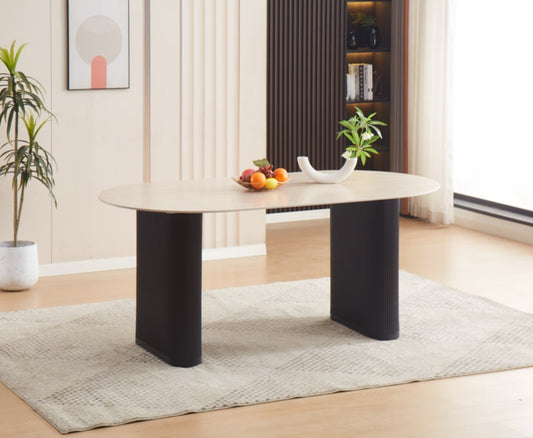 Table à manger Selena – Pieds métal noir et plateau céramique travertin mat 180x90 cm