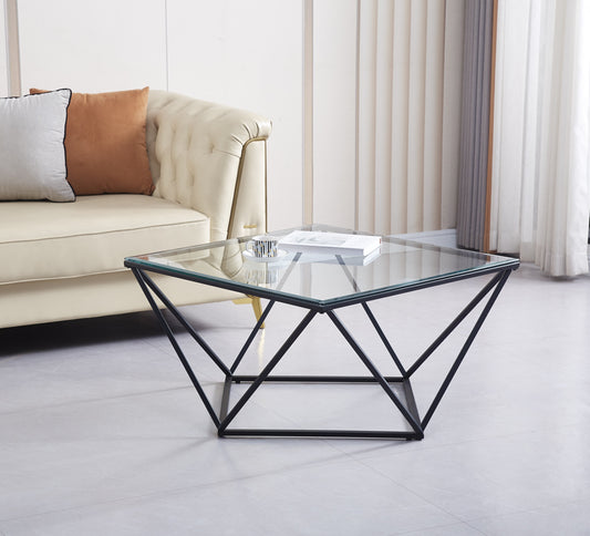 Table Basse Alina – Pieds Métal Noir & Plateau Transparent 80x80x45 cm
