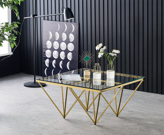 Table Basse Gize – Pieds Gold & Plateau Transparent 80x80 cm